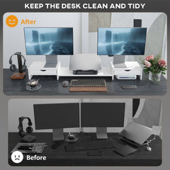 Dual Monitor Stand Riser With 2 Drawers, Adjustable Length And Angle, 116cm Monitor Riser For Laptop, Computer, PC, Small Printer, White
