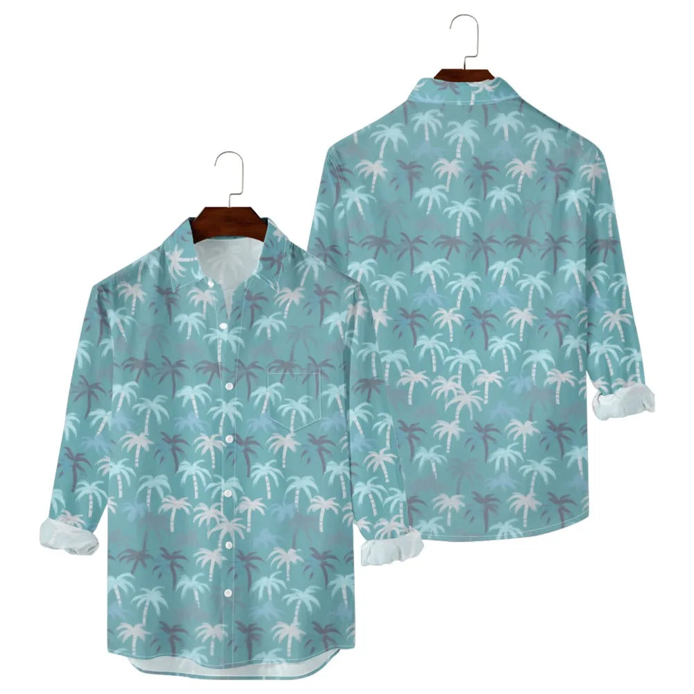 Hawaiian Men Shirts Sunset Ombre Palm Printed Full Sleeve Streetwear Button Up Casual Vacay Beach Parties Poolside Shirt Pocket