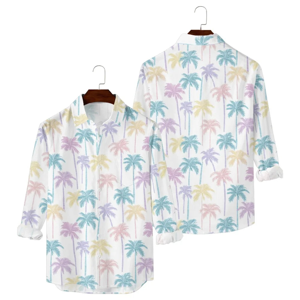 Hawaiian Men Shirts Sunset Ombre Palm Printed Full Sleeve Streetwear Button Up Casual Vacay Beach Parties Poolside Shirt Pocket