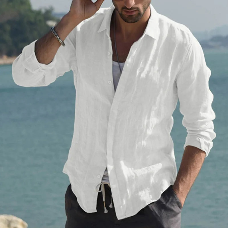 Men's Solid-Color Shirt - Made of Linen - With Standing Collar at the Cuffs - Lightweight Beach Shirt