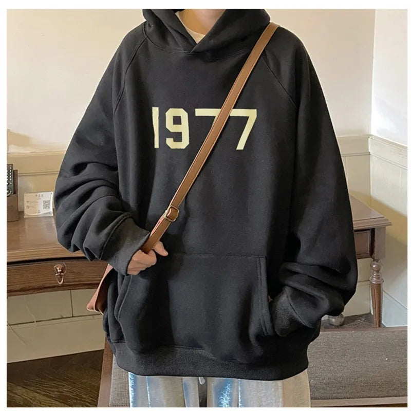 Hoodie Men Autumn New 1977 Printed Coat Loose Harajuku Hooded Pullover Men's Fashion All-match Long-sleeved Men Hoodies