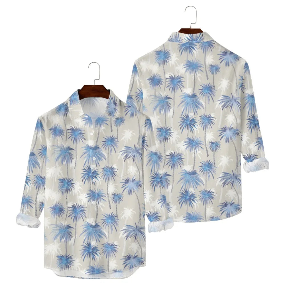 Hawaiian Men Shirts Sunset Ombre Palm Printed Full Sleeve Streetwear Button Up Casual Vacay Beach Parties Poolside Shirt Pocket