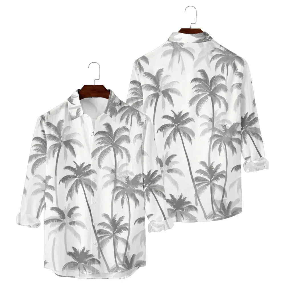 Hawaiian Men Shirts Sunset Ombre Palm Printed Full Sleeve Streetwear Button Up Casual Vacay Beach Parties Poolside Shirt Pocket