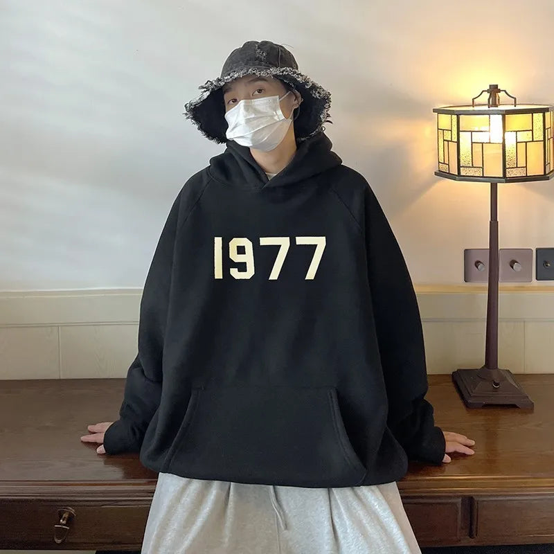 Hoodie Men Autumn New 1977 Printed Coat Loose Harajuku Hooded Pullover Men's Fashion All-match Long-sleeved Men Hoodies