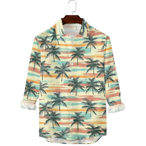 Hawaiian Men Shirts Sunset Ombre Palm Printed Full Sleeve Streetwear Button Up Casual Vacay Beach Parties Poolside Shirt Pocket