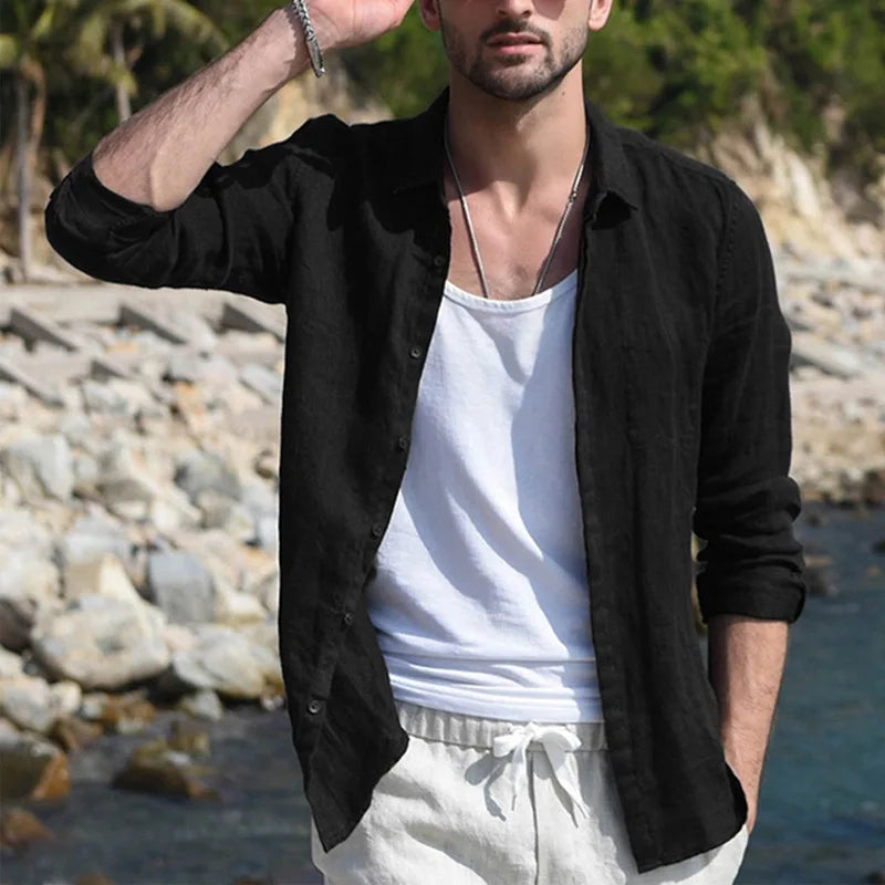 Men's Solid-Color Shirt - Made of Linen - With Standing Collar at the Cuffs - Lightweight Beach Shirt