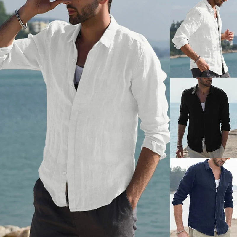 Men's Solid-Color Shirt - Made of Linen - With Standing Collar at the Cuffs - Lightweight Beach Shirt